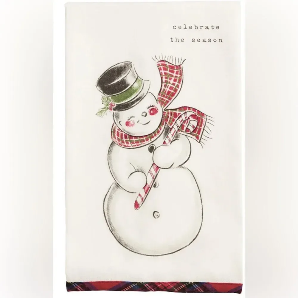 NWT Mudpie Celebrate The Season Snowman Printed Kitchen Towel